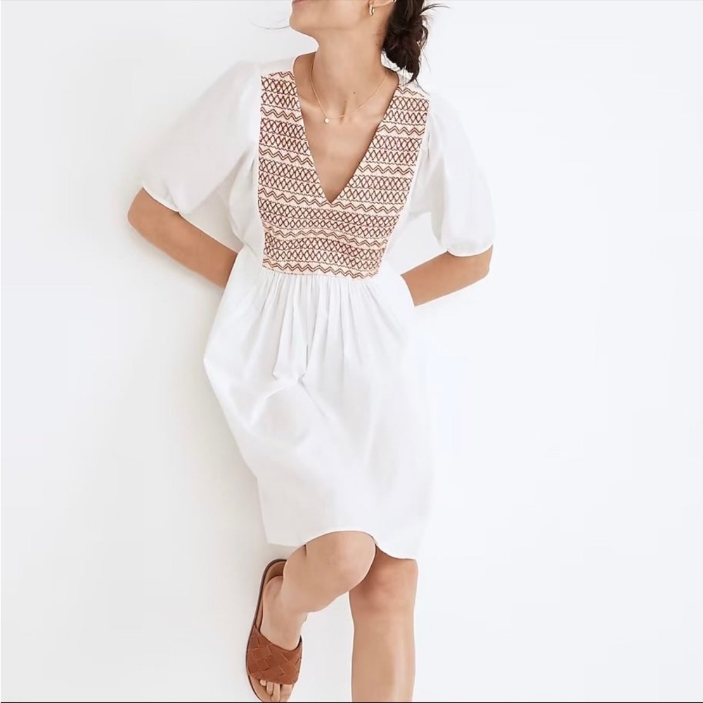 Madewell Embroidered Poplin V-Neck Mini Dress | Eyelet White | Size Large
